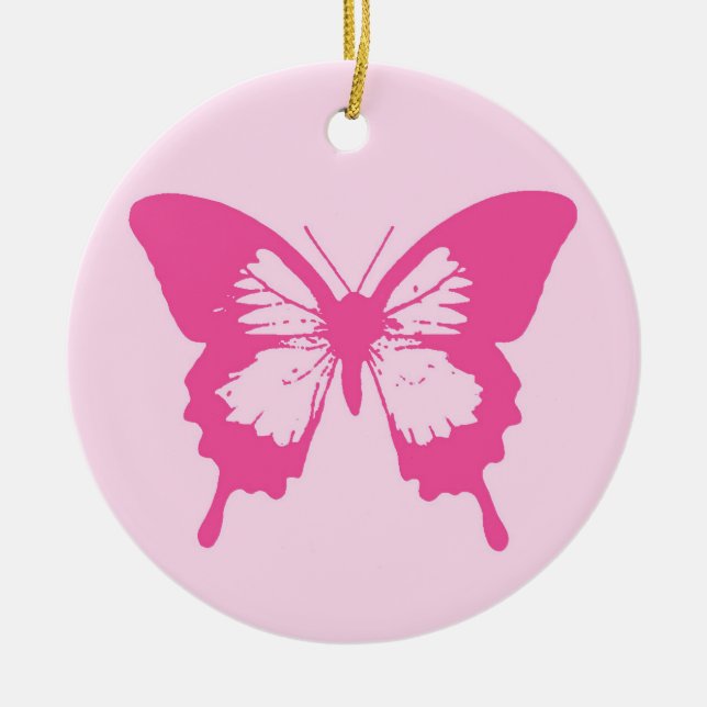 Butterfly sketch, light pink and fuchsia ceramic tree decoration (Front)