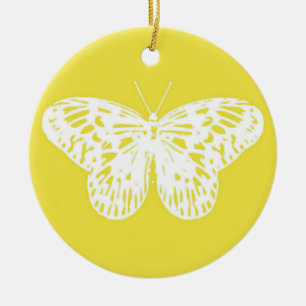 Butterfly sketch, mustard gold and white ceramic tree decoration