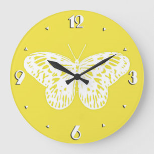 Butterfly sketch, mustard gold and white large clock