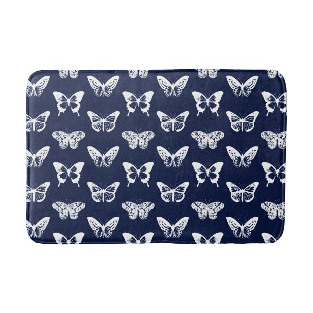 Butterfly sketch, navy blue and white bath mat (Front)