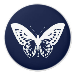 Butterfly sketch, navy blue and white ceramic knob