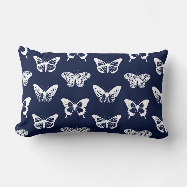 Butterfly sketch, navy blue and white lumbar cushion (Front)