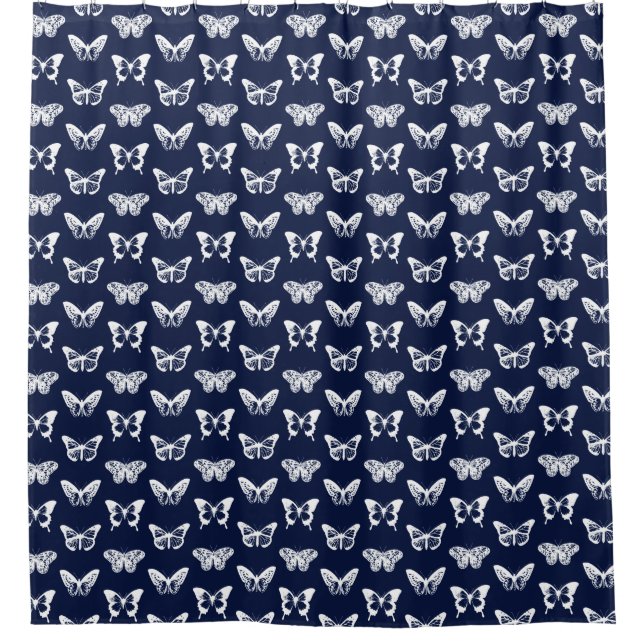 Butterfly sketch, navy blue and white shower curtain (Front)