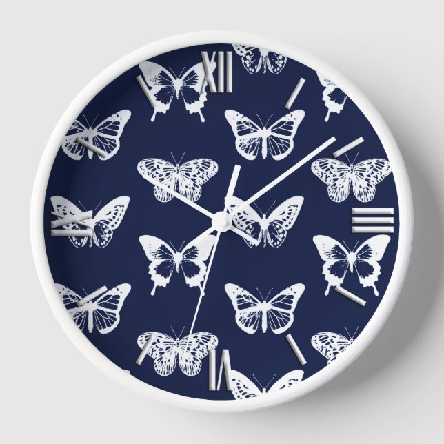 Butterfly sketch, navy blue and white wall clock (Front)