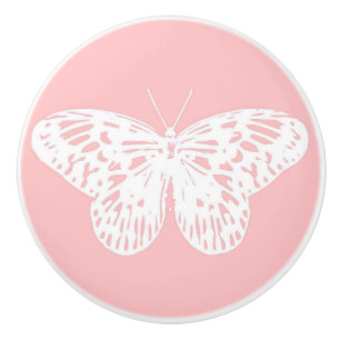 Butterfly sketch, shell pink and white ceramic knob
