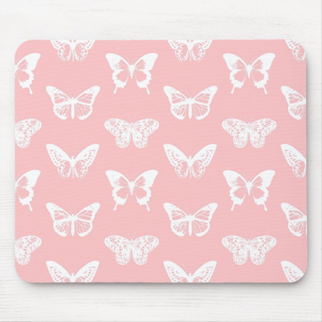 Butterfly sketch, shell pink and white mouse mat (Front)