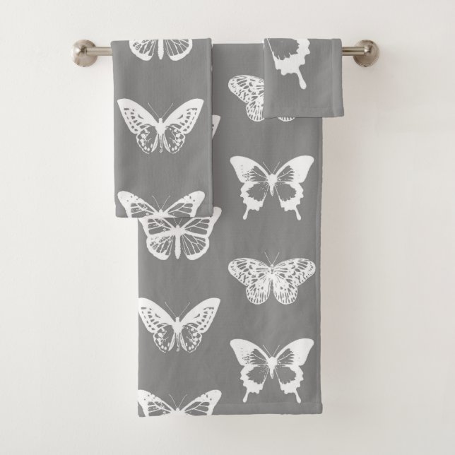 Butterfly sketch, silver grey and white bath towel set (Insitu)