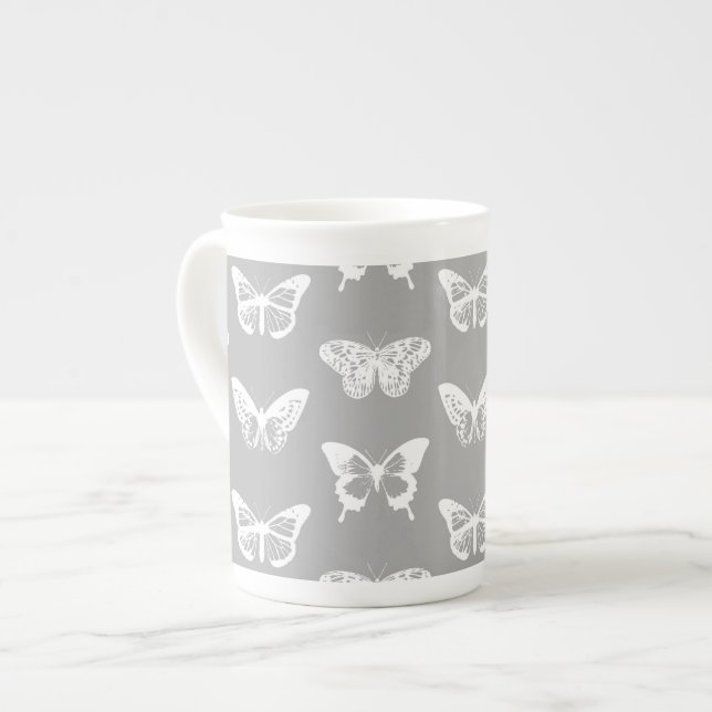 Butterfly sketch, silver grey and white bone china mug (Front Left)