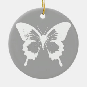 Butterfly sketch, silver grey and white ceramic tree decoration