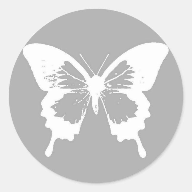 Butterfly sketch, silver grey and white classic round sticker (Front)