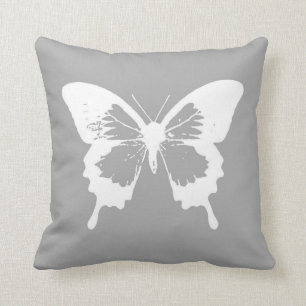 Butterfly sketch, silver grey and white cushion