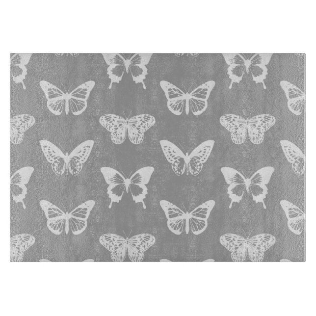Butterfly sketch, silver grey and white cutting board (Front)