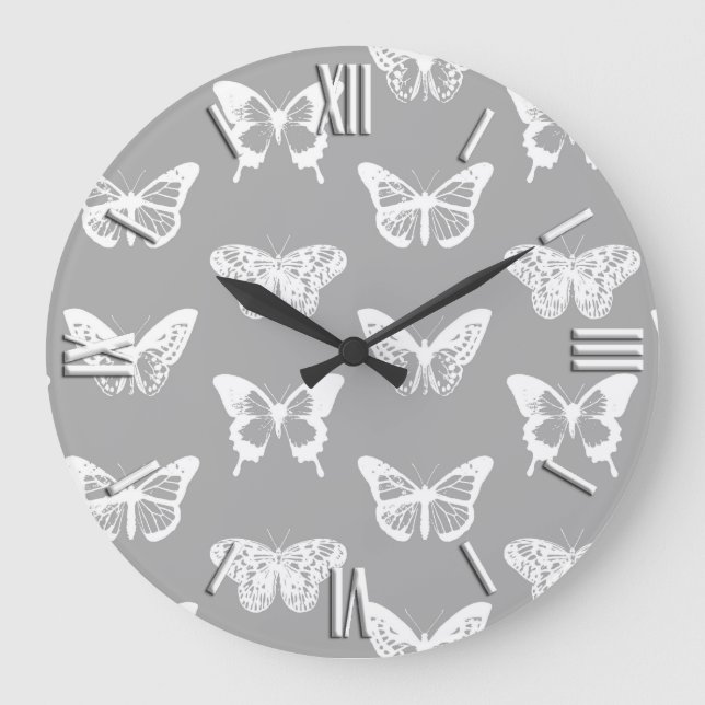 Butterfly sketch, silver grey and white large clock (Front)