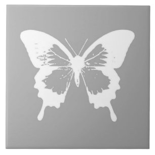Butterfly sketch, silver grey and white tile