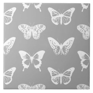 Butterfly sketch, silver grey and white tile