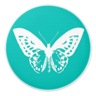 Butterfly sketch, turquoise and white ceramic knob