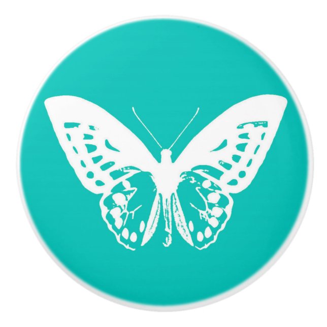 Butterfly sketch, turquoise and white ceramic knob (Front)