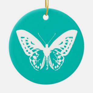 Butterfly sketch, turquoise and white ceramic tree decoration