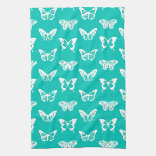 Butterfly sketch, turquoise and white tea towel