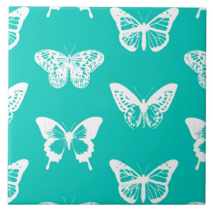 Butterfly sketch, turquoise and white tile