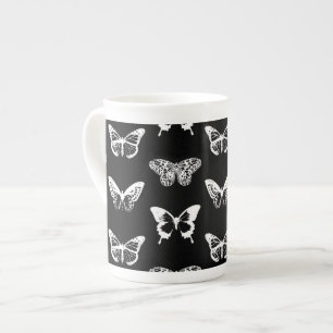 Butterfly sketch, white and black bone china mug