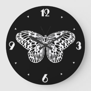 Butterfly sketch, white and black large clock