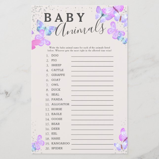 Butterfly Skies Baby Shower Baby Animals Game (Front)