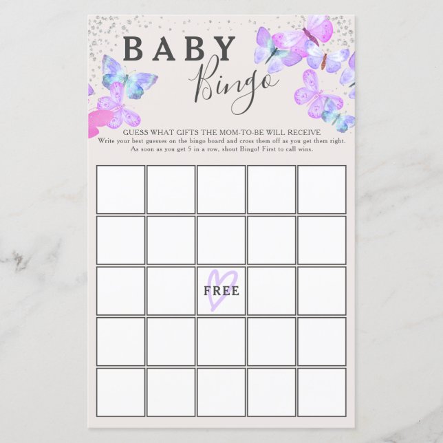 Butterfly Skies Butterfly Baby Shower Bingo Game (Front)