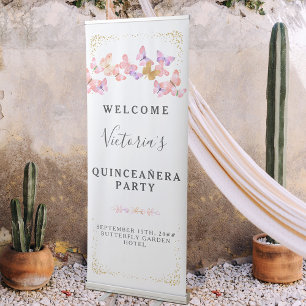 Butterfly Skies Coral Gold Butterflies Welcome Retractable Banner