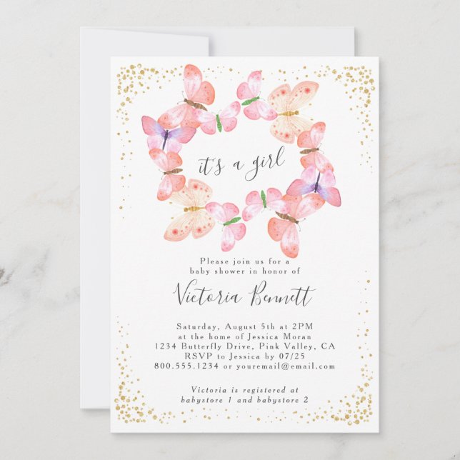 Butterfly Skies Coral Gold It's a Girl Baby Shower Invitation (Front)