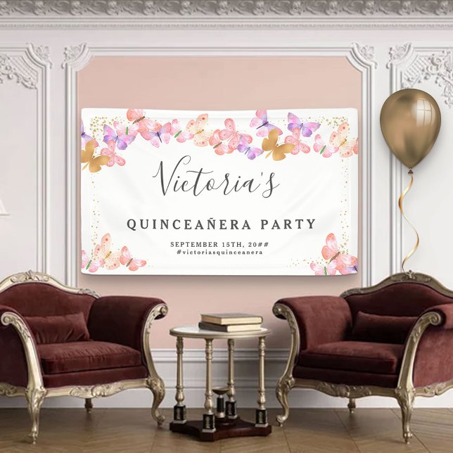 Butterfly Skies Coral Pink Gold Butterflies Party Banner (Creator Uploaded)