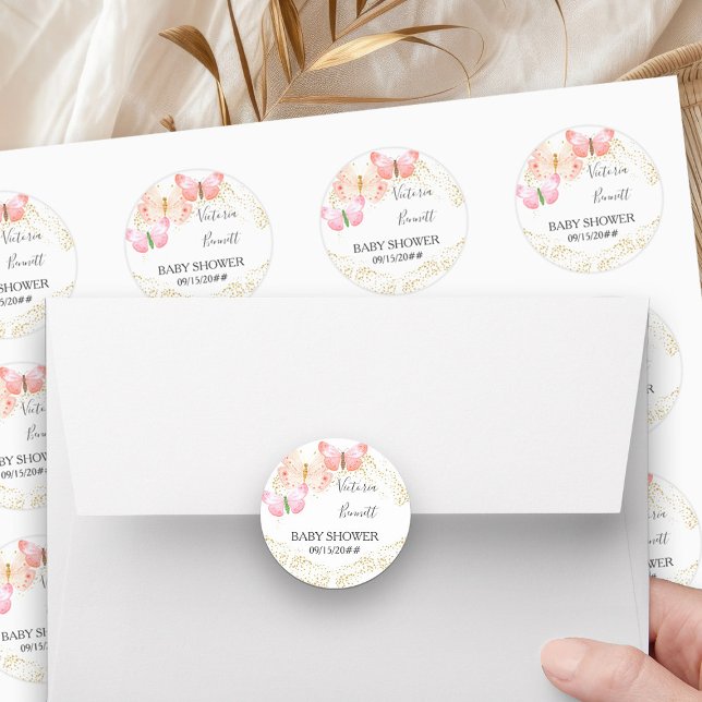 Butterfly Skies Coral Pink Gold Confetti  Classic Round Sticker (Editable stickers from my Butterfly Skies collections)