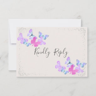 Butterfly Skies Pink Silver Confetti RSVP Card