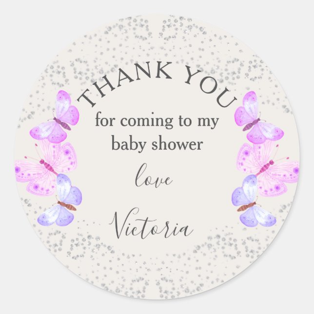 Butterfly Skies Pink Silver Confetti Thank You Classic Round Sticker (Front)