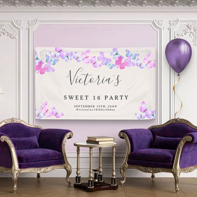 Butterfly Skies Pink Watercolor Butterflies Party  Banner (Creator Uploaded)