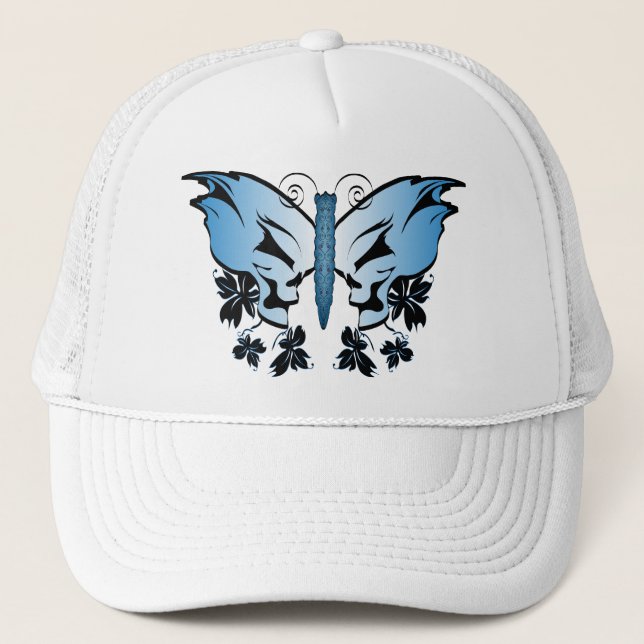 Butterfly Skull Blue Trucker Hat (Front)