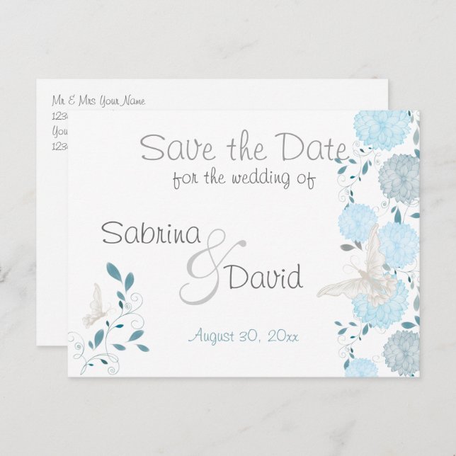 Butterfly Sky Blue Chrysanthemum Save the Date Announcement Postcard (Front/Back)