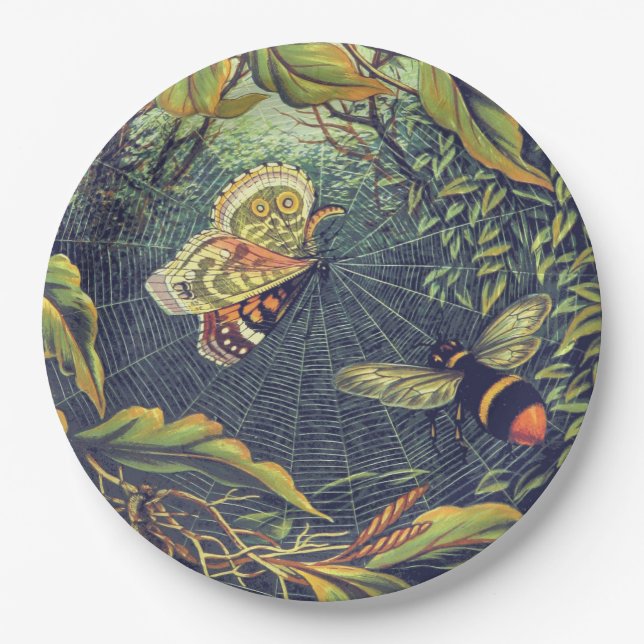 Butterfly spiderweb bee vintage garden paper plate (Front)