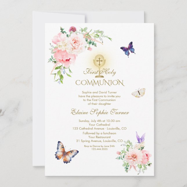 Butterfly Spring Blush Floral Gold Holy Communion Invitation (Front)