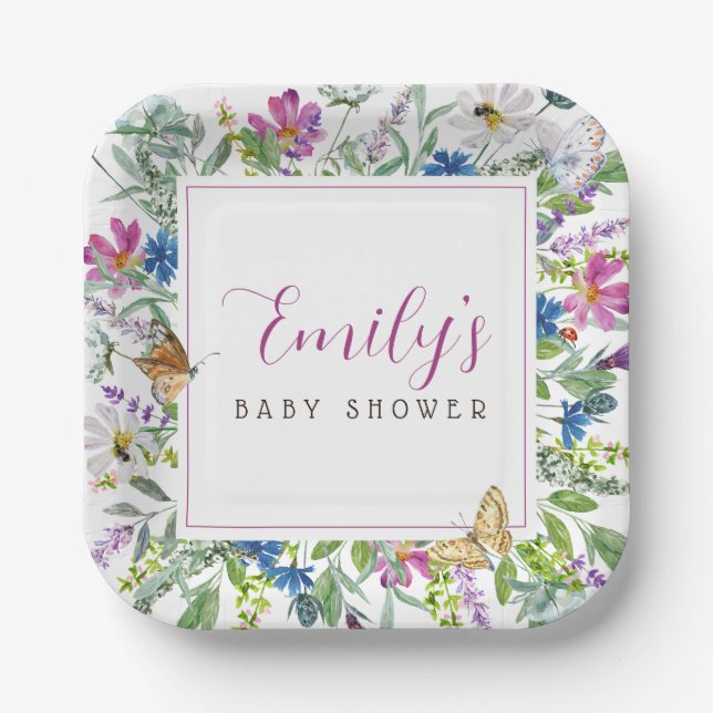 Butterfly Spring Wildflower Baby Shower Sign Paper Plate (Front)