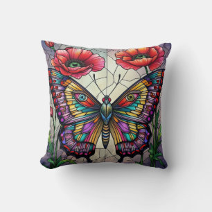 Butterfly stained glass design poppy flower cushion