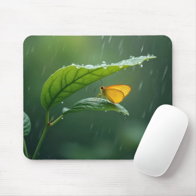 Butterfly Staying Dry Under a Leaf Mouse Mat (With Mouse)