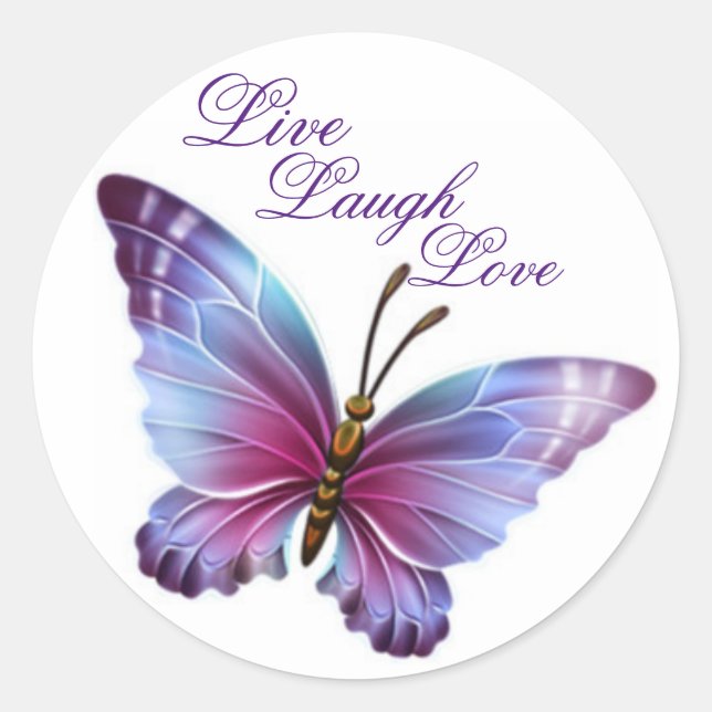 Butterfly Sticker/Purple "Live Laugh Love" Classic Round Sticker (Front)