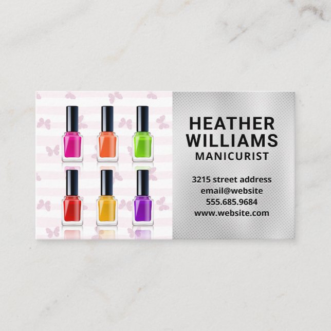Butterfly Stripes | Colourful Nail Polish Bottles Business Card (Front)