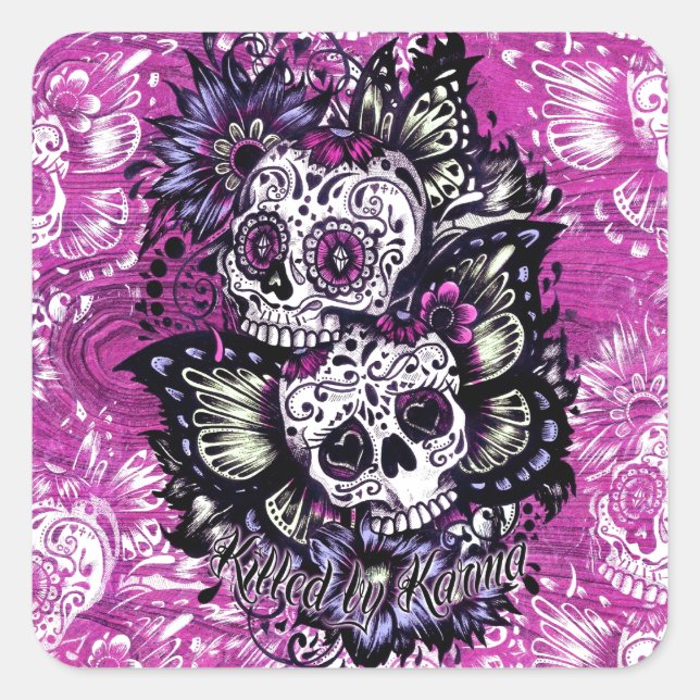 Butterfly sugar skulls on pink wood base. square sticker (Front)