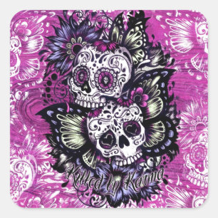 Butterfly sugar skulls on pink wood base. square sticker