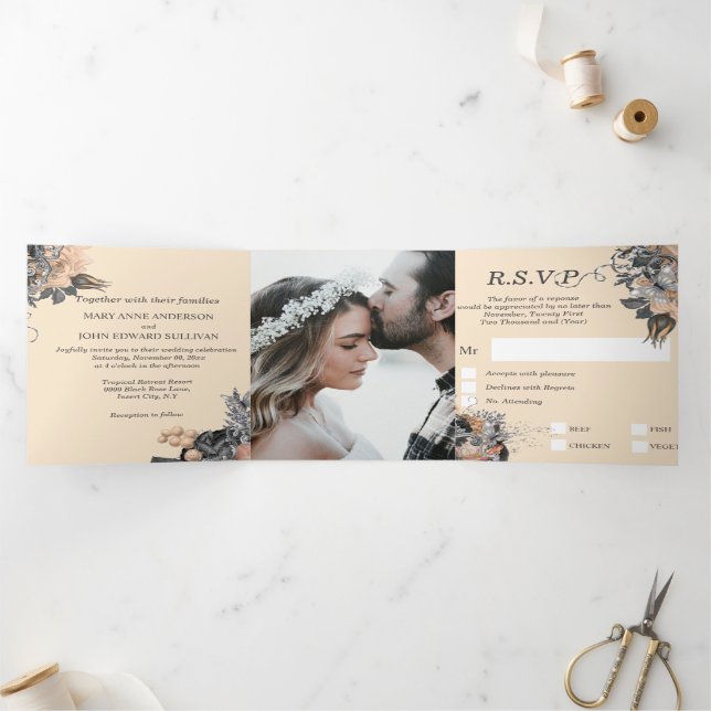 Butterfly summer peach silver rose wedding Tri-Fold invitation (Inside)