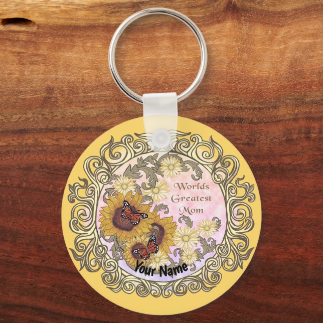 Butterfly Sunflower Mum custom name Key Ring (Front)