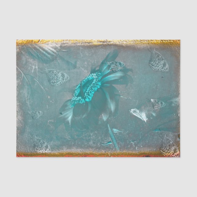 Butterfly Sunflower Teal Gold Vintage Antique Tissue Paper (Front)