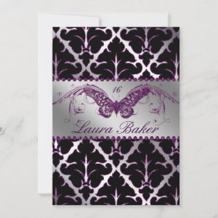 Butterfly Sweet 16 Invite Damask Purple Sparkle